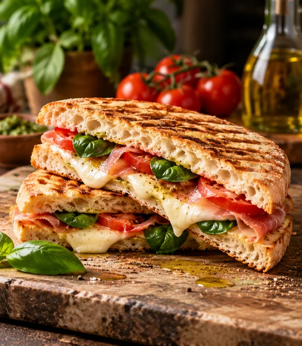 Panini tostado con queso, tomate y albahaca