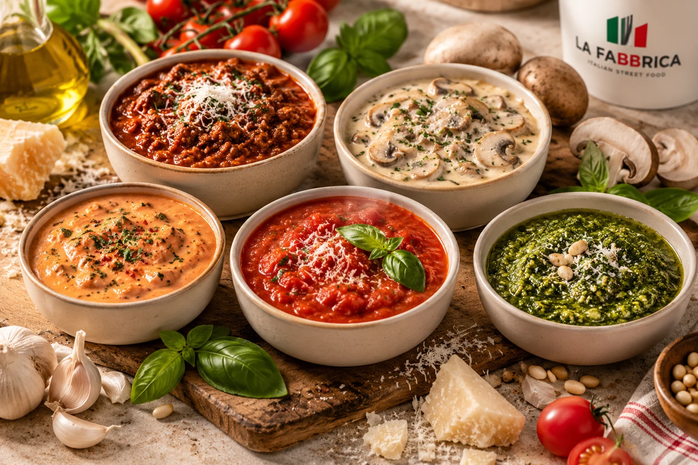 Salsas italianas de distintos colores: tomate, pesto, boloñesa y champiñones